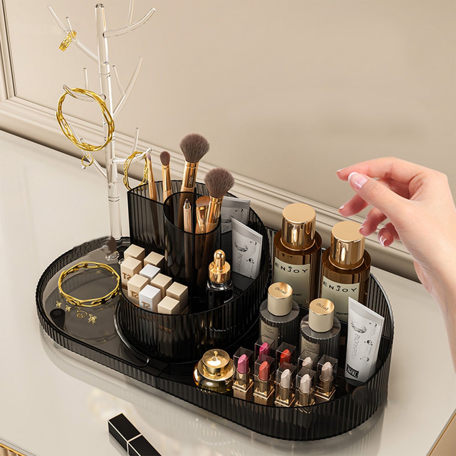 Rotating Makeup Organizer With Jewelry Storage