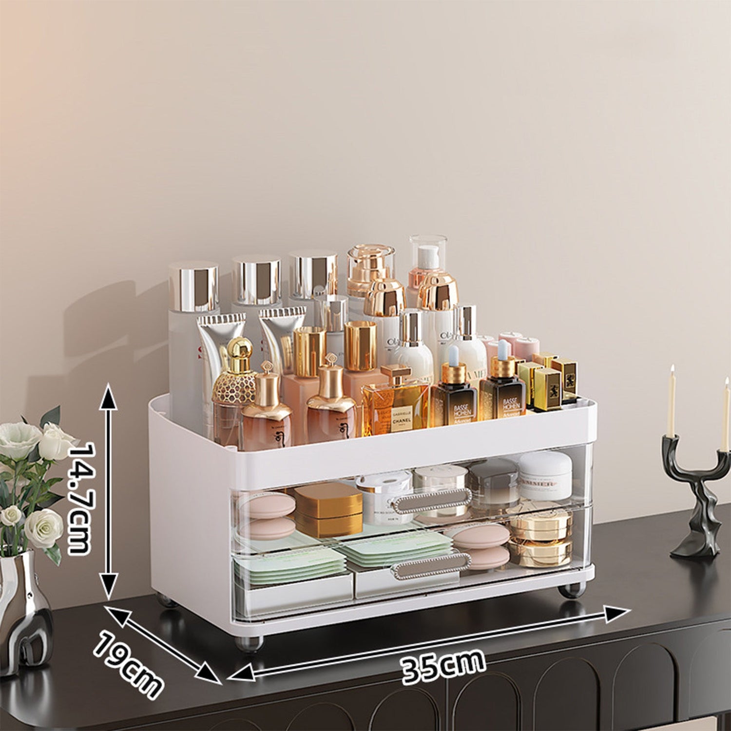 2 Drawers Makeup Organizer - 4 Tier Bathroom Organizers And Storage, Versatile Perfume Vanity Organizer, Ideal For Cosmetic, Large Skincare, Face Mask, Office Supplies